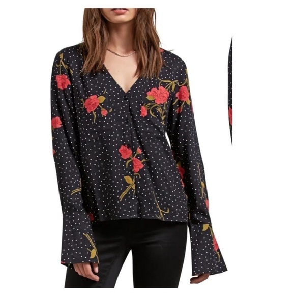 Volcom Check Out Time Floral Long Sleeve Fluted Top Blouse - Picture 8 of 16